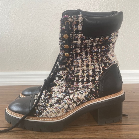 Tory Burch Tweed leather combat boots moto boots fall boots lace up booties - Picture 12 of 16